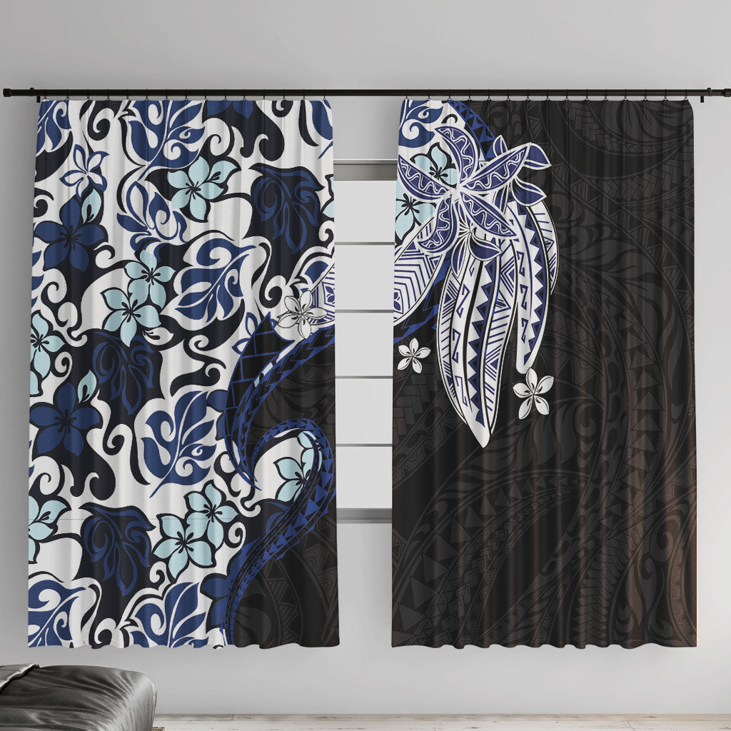 Monstera Plumeria Flowers Blue Window Curtain Polynesian Pattern