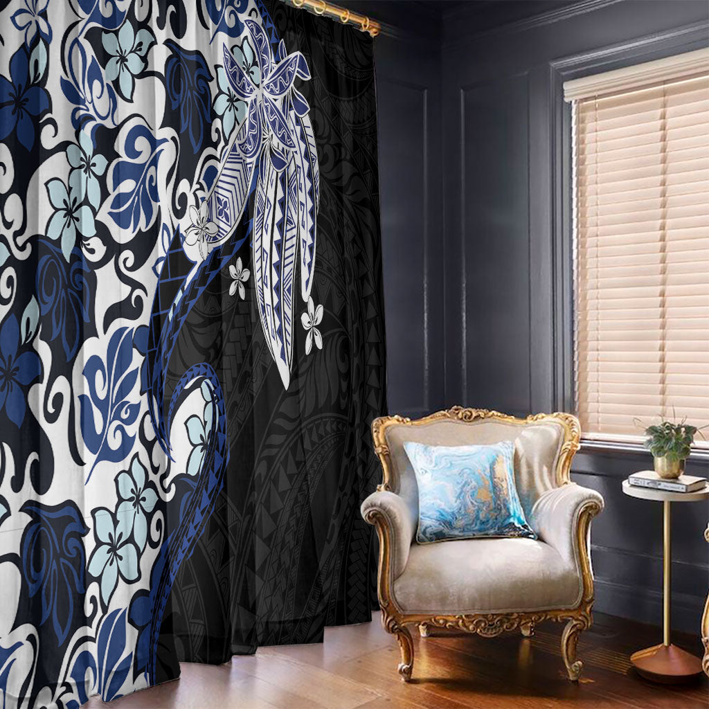 Monstera Plumeria Flowers Blue Window Curtain Polynesian Pattern