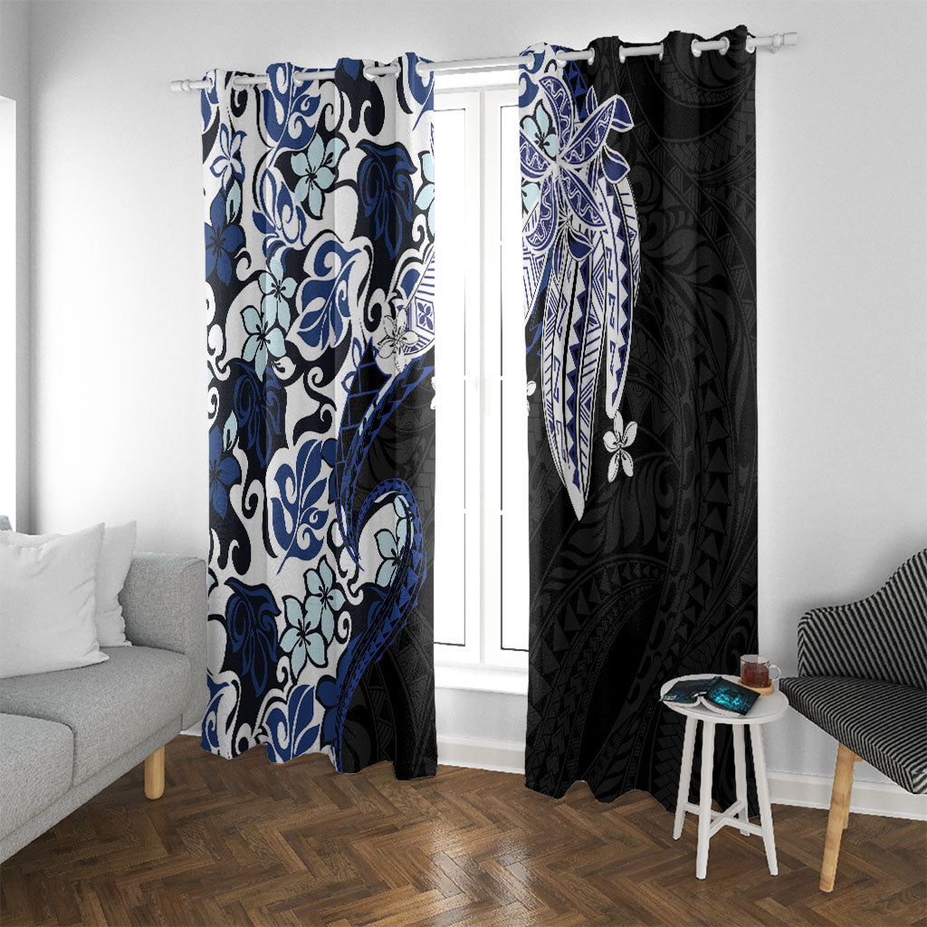 Monstera Plumeria Flowers Blue Window Curtain Polynesian Pattern