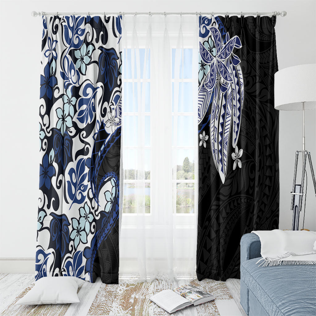 Monstera Plumeria Flowers Blue Window Curtain Polynesian Pattern