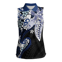 Monstera Plumeria Flowers Blue Women Sleeveless Polo Shirt Polynesian Pattern