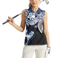 Monstera Plumeria Flowers Blue Women Sleeveless Polo Shirt Polynesian Pattern