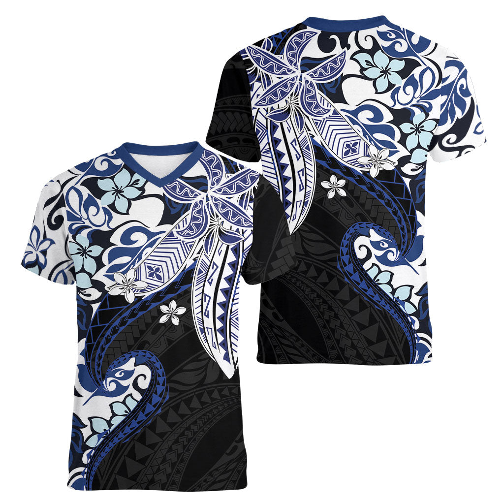 Monstera Plumeria Flowers Blue Women V-Neck T-Shirt Polynesian Pattern