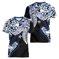 Monstera Plumeria Flowers Blue Women V-Neck T-Shirt Polynesian Pattern