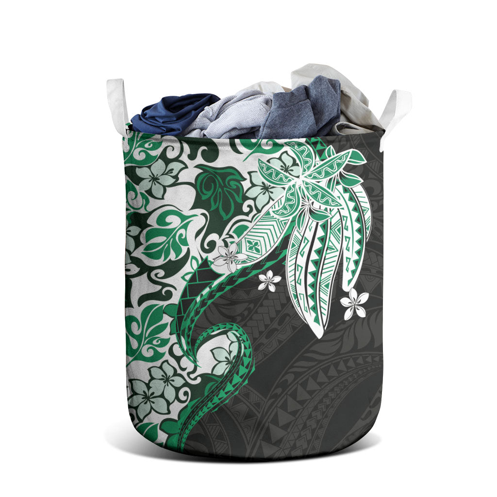 Monstera Plumeria Flowers Green Laundry Basket Polynesian Pattern