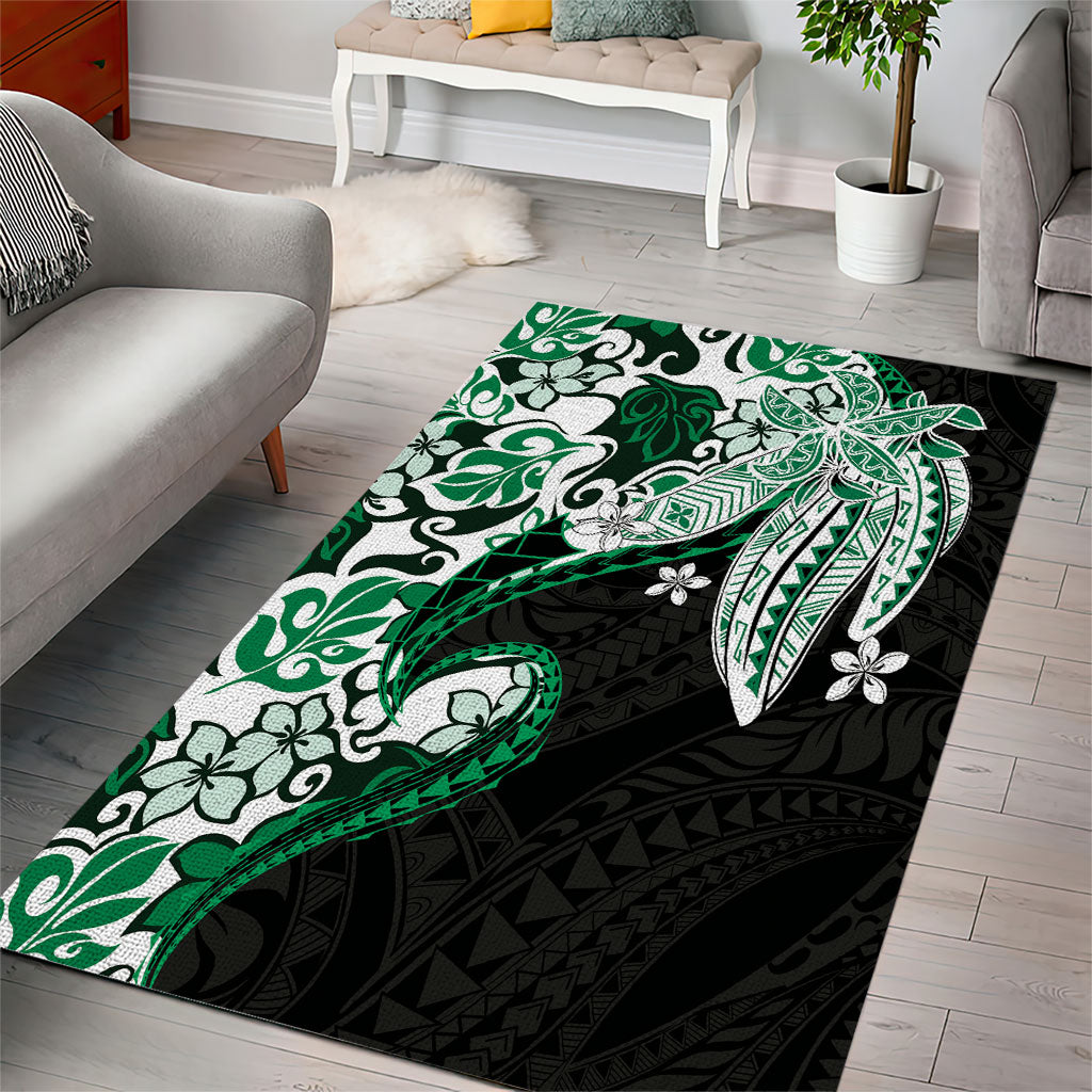 Monstera Plumeria Flowers Green Area Rug Polynesian Pattern