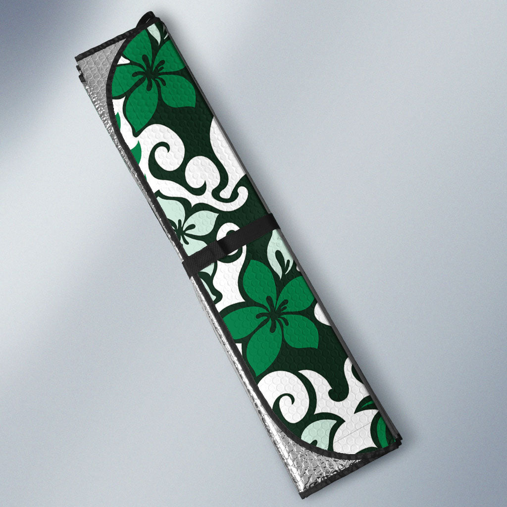 Monstera Plumeria Flowers Green Auto Sun Shade Polynesian Pattern