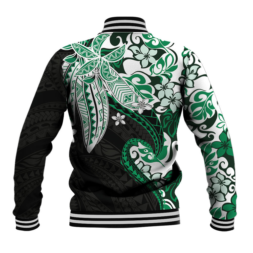 Monstera Plumeria Flowers Green Baseball Jacket Polynesian Pattern