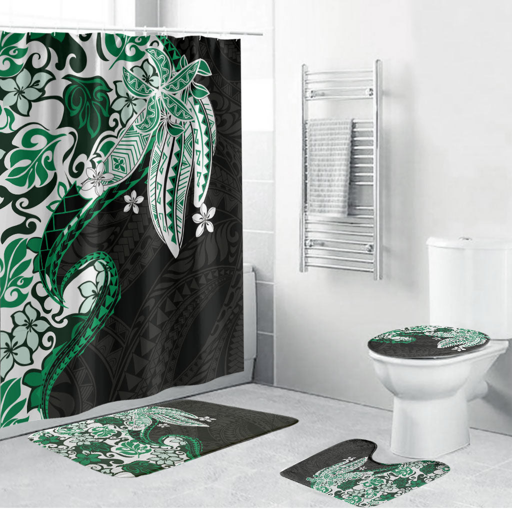 Monstera Plumeria Flowers Green Bathroom Set Polynesian Pattern