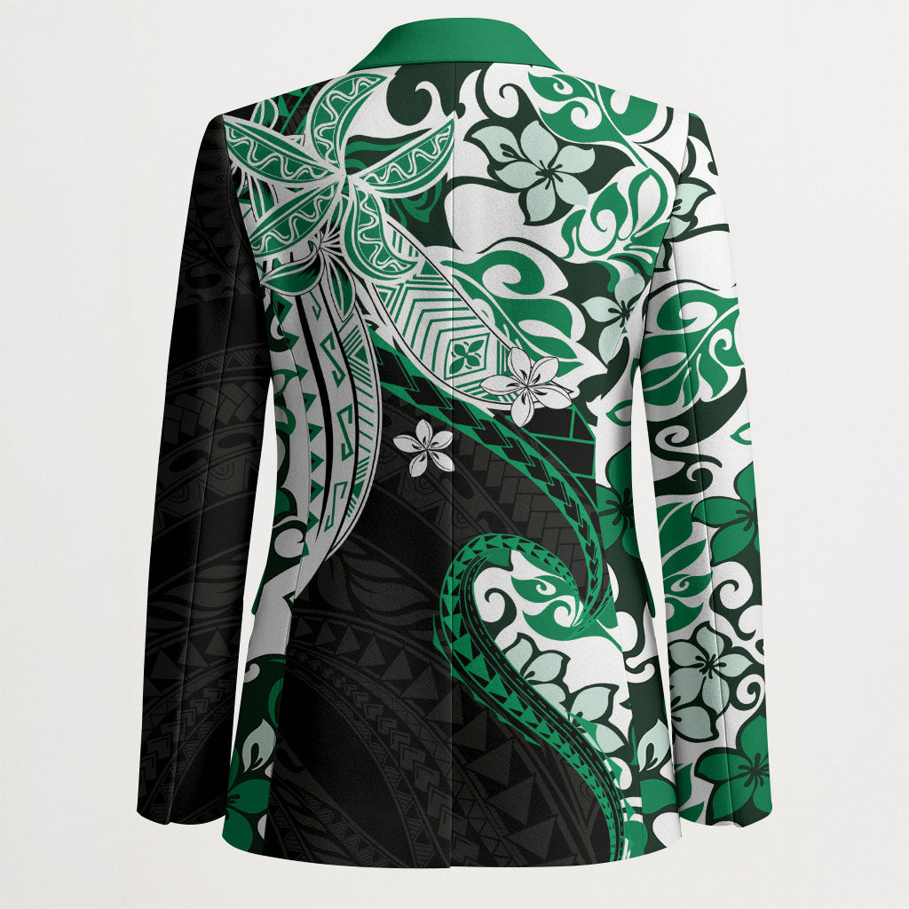Monstera Plumeria Flowers Green Blazer Polynesian Pattern