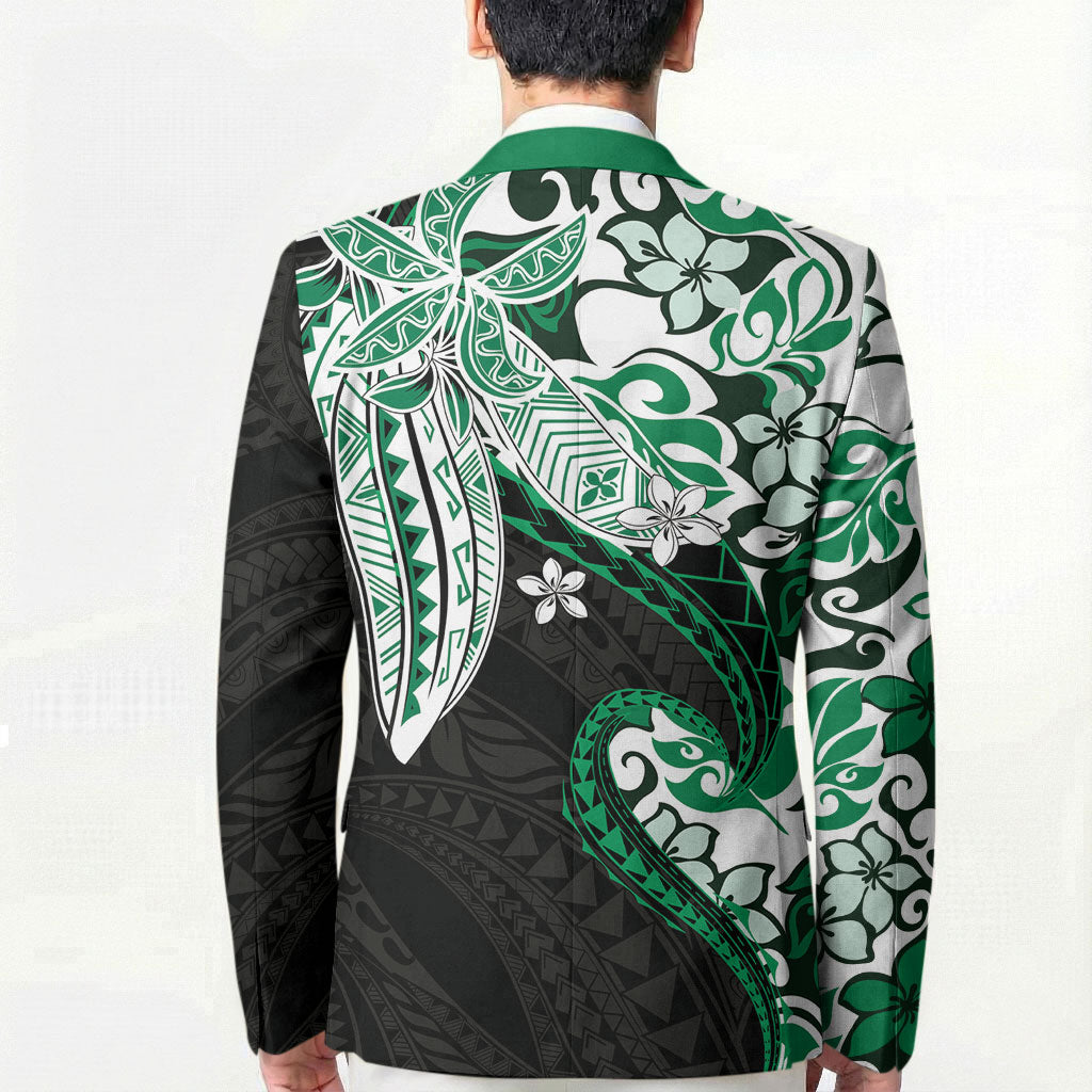 Monstera Plumeria Flowers Green Blazer Polynesian Pattern