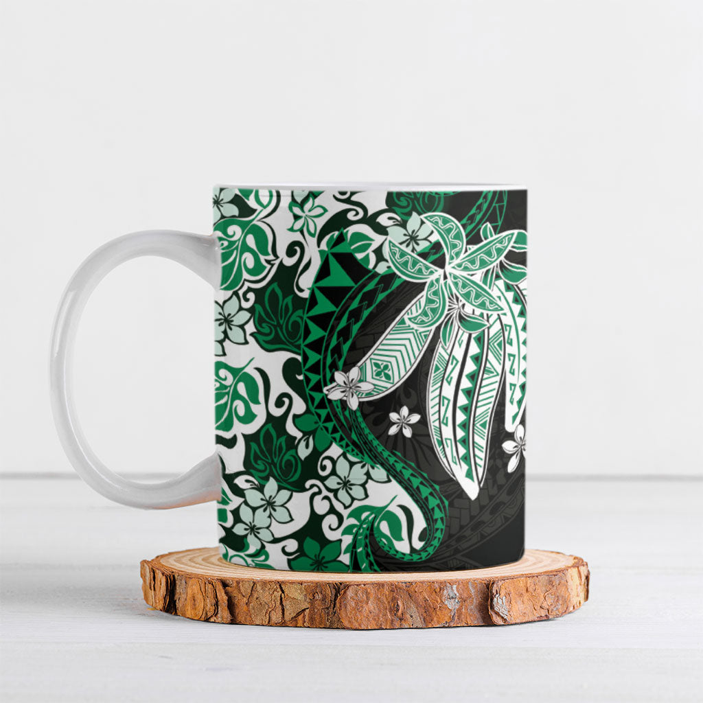 Monstera Plumeria Flowers Green Ceramic Mug Polynesian Pattern