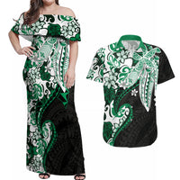 Monstera Plumeria Flowers Green Couples Matching Off Shoulder Maxi Dress and Hawaiian Shirt Polynesian Pattern