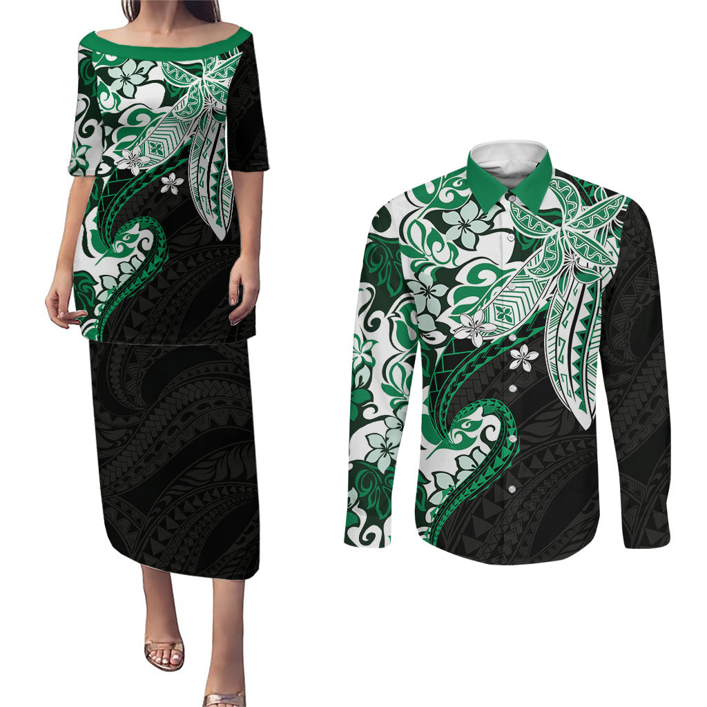 Monstera Plumeria Flowers Green Couples Matching Puletasi and Long Sleeve Button Shirt Polynesian Pattern