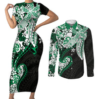 Monstera Plumeria Flowers Green Couples Matching Short Sleeve Bodycon Dress and Long Sleeve Button Shirt Polynesian Pattern