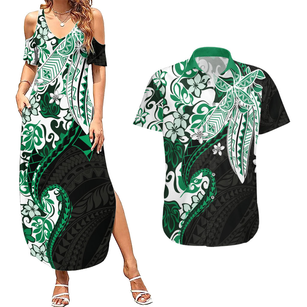 Monstera Plumeria Flowers Green Couples Matching Summer Maxi Dress and Hawaiian Shirt Polynesian Pattern