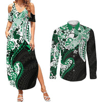 Monstera Plumeria Flowers Green Couples Matching Summer Maxi Dress and Long Sleeve Button Shirt Polynesian Pattern