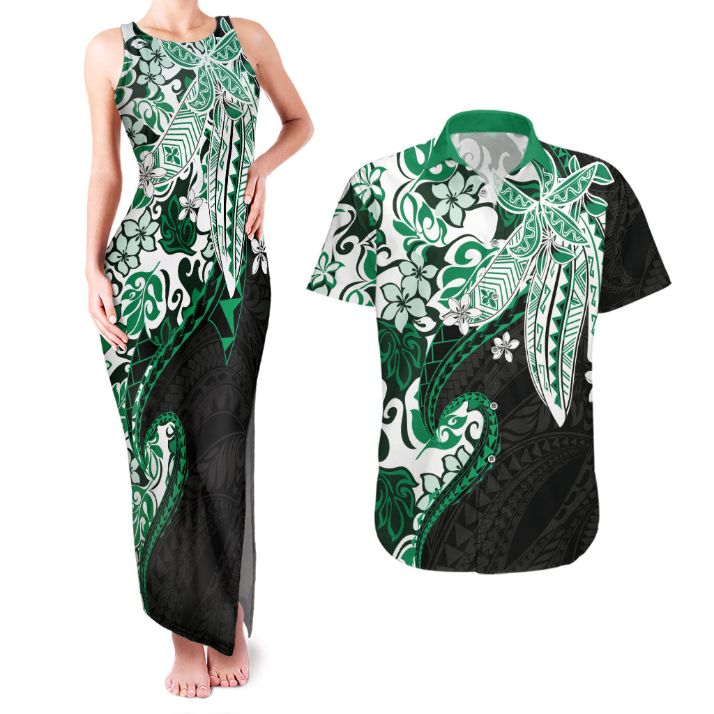 Monstera Plumeria Flowers Green Couples Matching Tank Maxi Dress and Hawaiian Shirt Polynesian Pattern