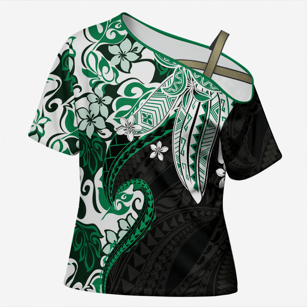Monstera Plumeria Flowers Green Cross Shoulder Shirt Polynesian Pattern