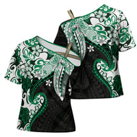 Monstera Plumeria Flowers Green Cross Shoulder Shirt Polynesian Pattern