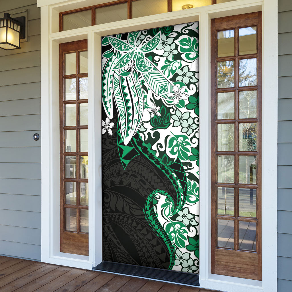 Monstera Plumeria Flowers Green Door Cover Polynesian Pattern