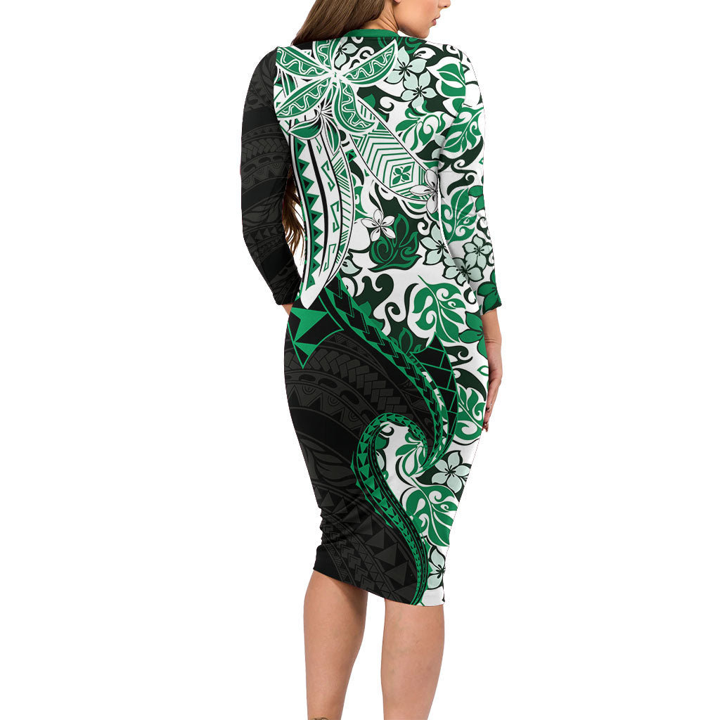 Monstera Plumeria Flowers Green Family Matching Long Sleeve Bodycon Dress and Hawaiian Shirt Polynesian Pattern LT01 - Polynesian Pride