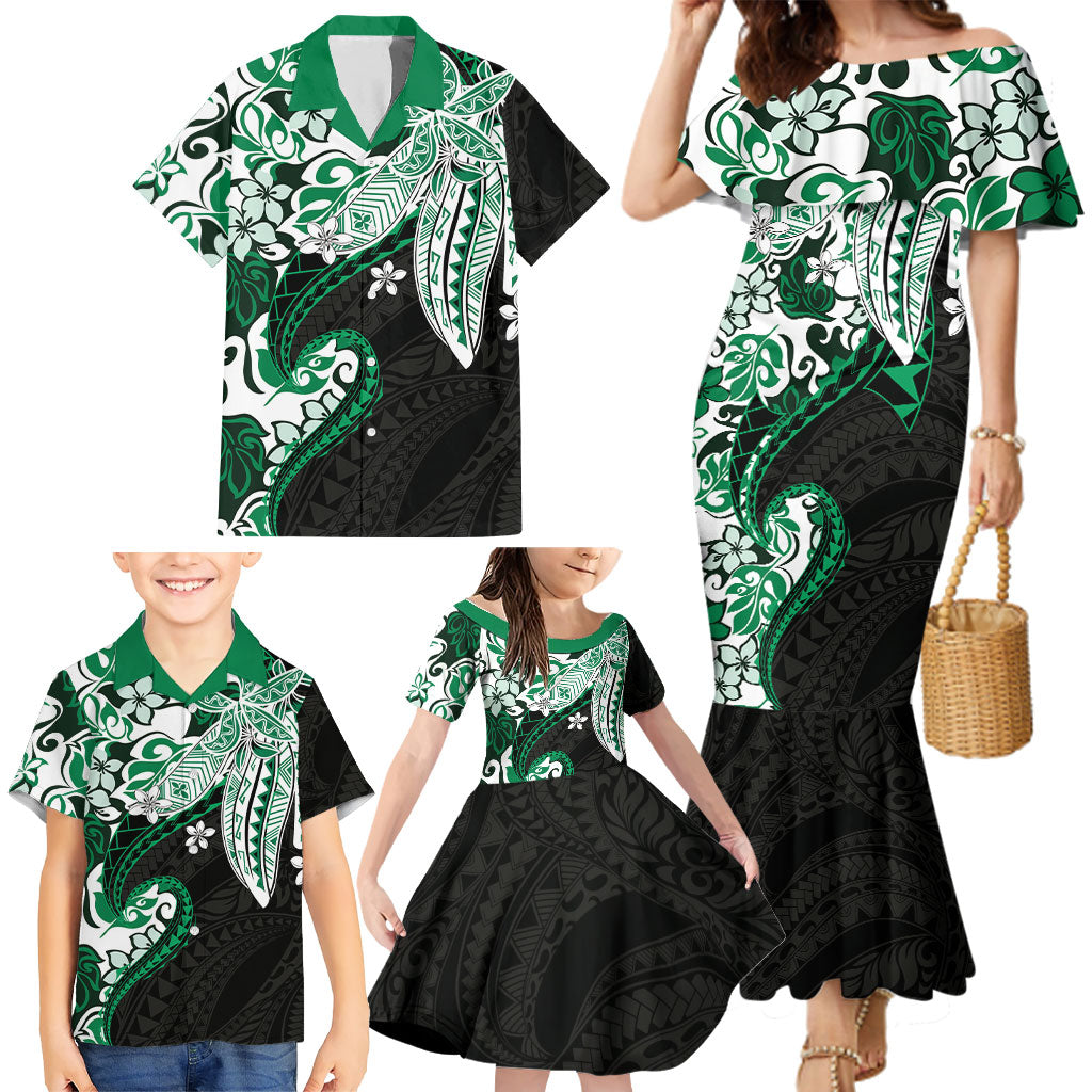 Monstera Plumeria Flowers Green Family Matching Mermaid Dress and Hawaiian Shirt Polynesian Pattern LT01 - Polynesian Pride