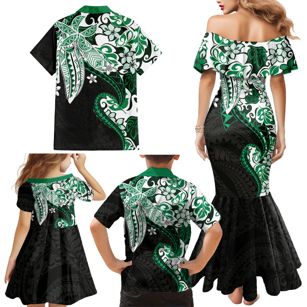 Monstera Plumeria Flowers Green Family Matching Mermaid Dress and Hawaiian Shirt Polynesian Pattern LT01 - Polynesian Pride