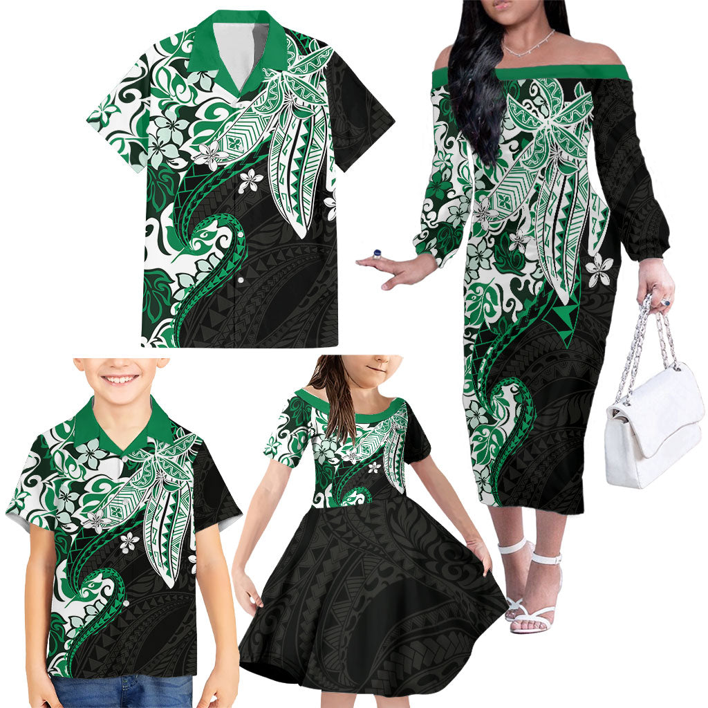 Monstera Plumeria Flowers Green Family Matching Off The Shoulder Long Sleeve Dress and Hawaiian Shirt Polynesian Pattern LT01 - Polynesian Pride
