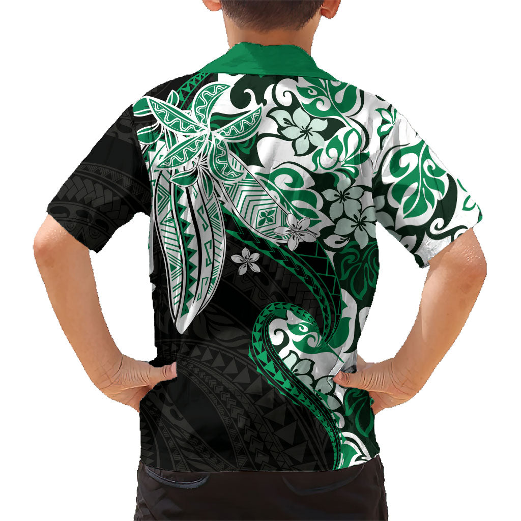 Monstera Plumeria Flowers Green Family Matching Off Shoulder Short Dress and Hawaiian Shirt Polynesian Pattern