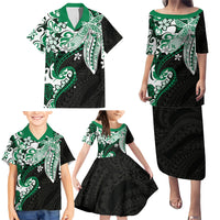 Monstera Plumeria Flowers Green Family Matching Puletasi and Hawaiian Shirt Polynesian Pattern