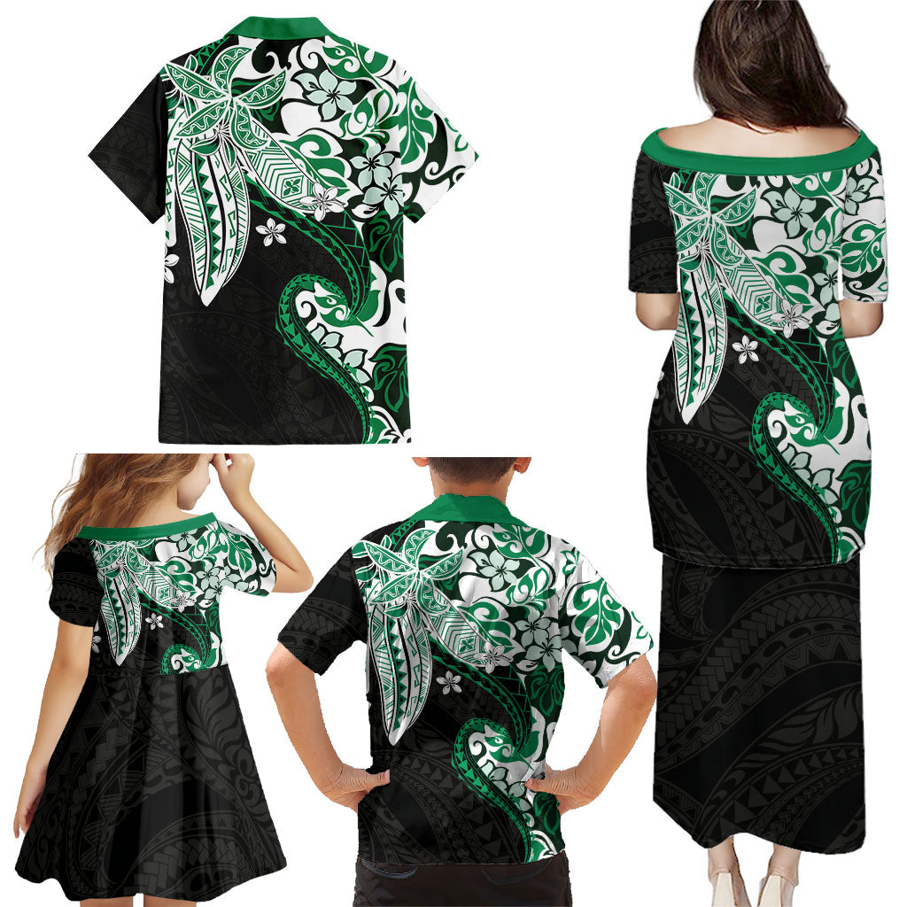 Monstera Plumeria Flowers Green Family Matching Puletasi and Hawaiian Shirt Polynesian Pattern