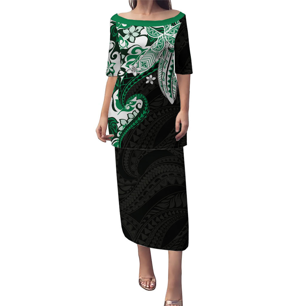 Monstera Plumeria Flowers Green Family Matching Puletasi and Hawaiian Shirt Polynesian Pattern