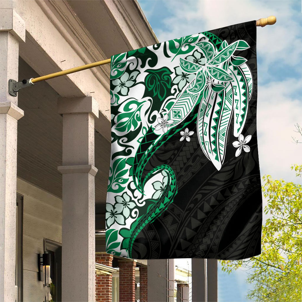 Monstera Plumeria Flowers Green Garden Flag Polynesian Pattern