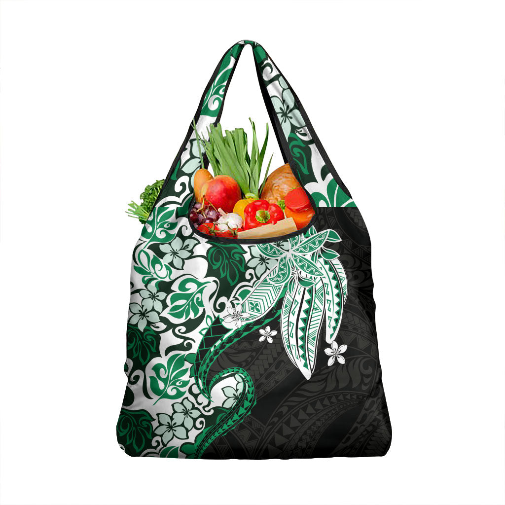 Monstera Plumeria Flowers Green Grocery Bag Polynesian Pattern