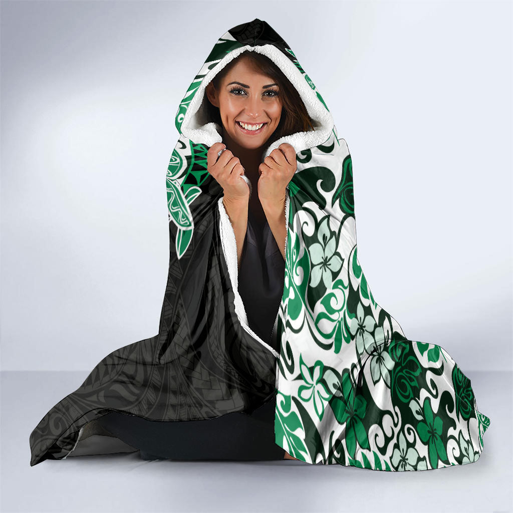 Monstera Plumeria Flowers Green Hooded Blanket Polynesian Pattern