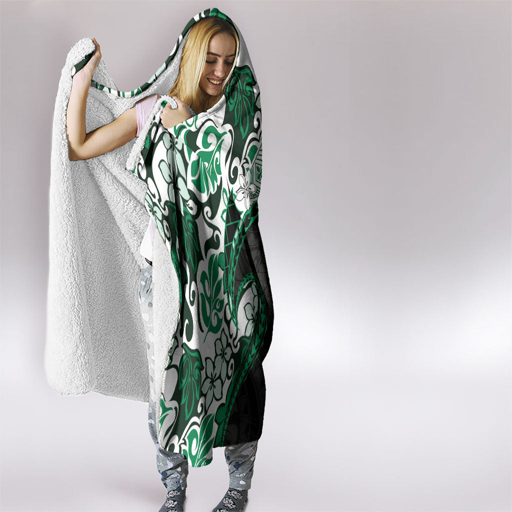 Monstera Plumeria Flowers Green Hooded Blanket Polynesian Pattern