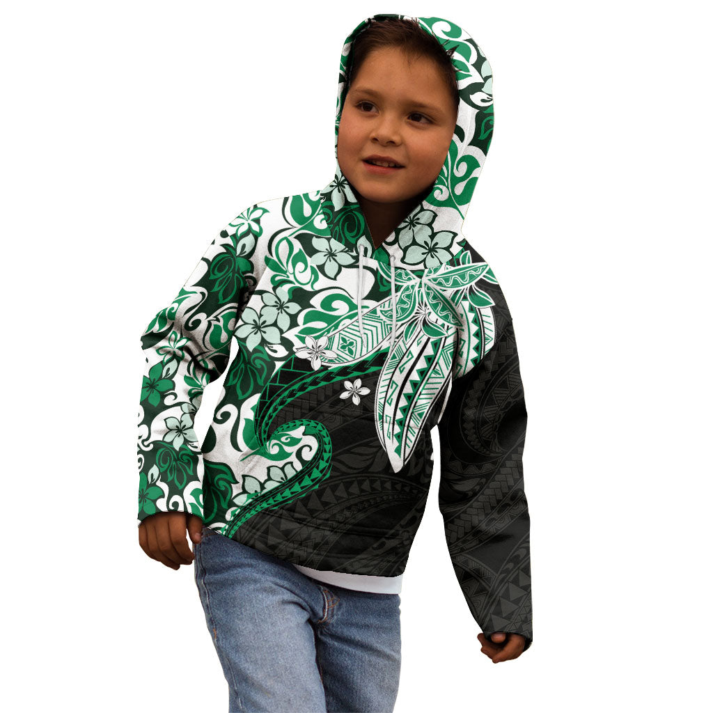 Monstera Plumeria Flowers Green Kid Hoodie Polynesian Pattern