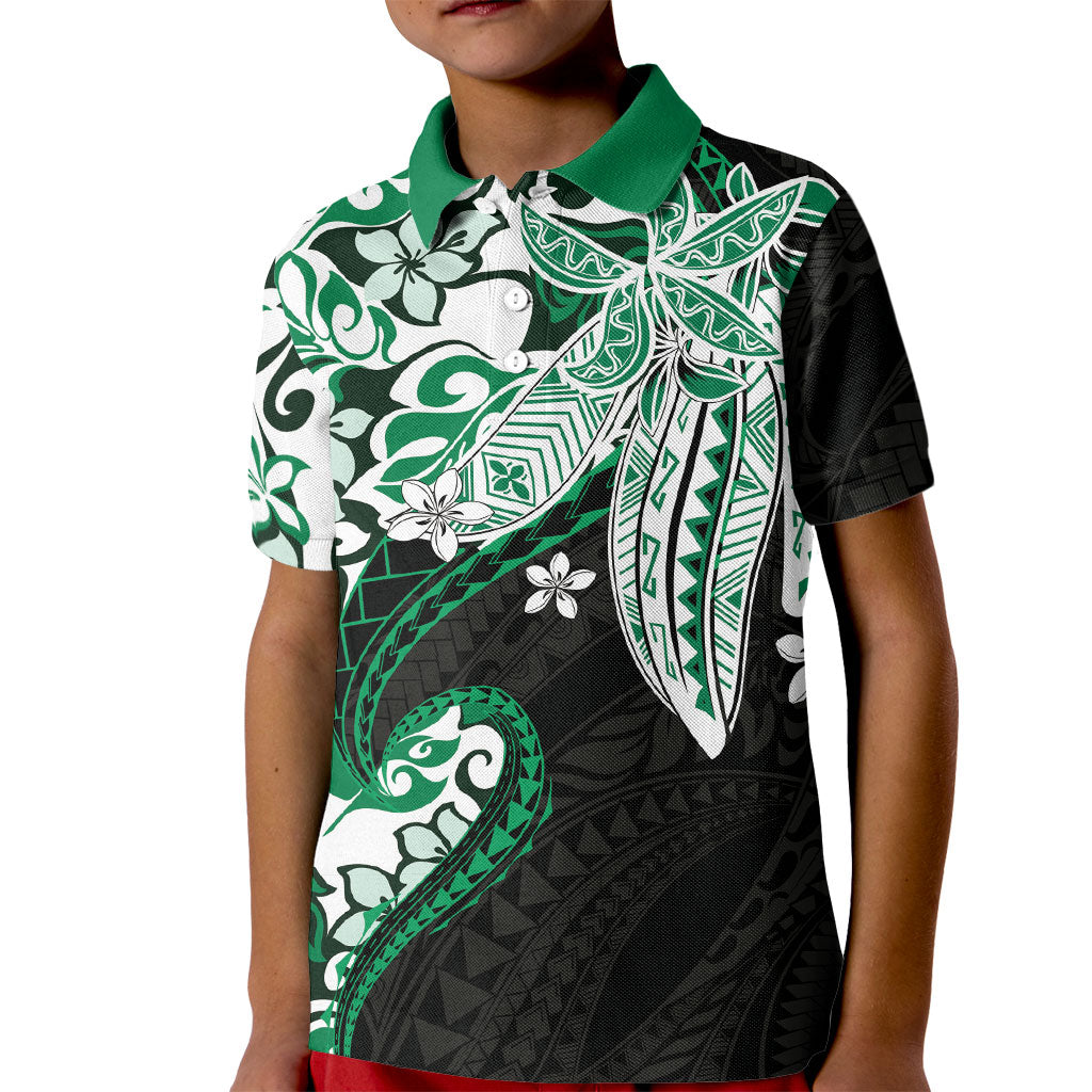 Monstera Plumeria Flowers Green Kid Polo Shirt Polynesian Pattern