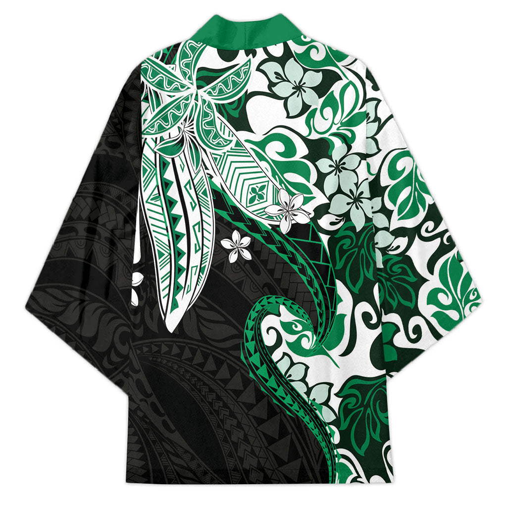 Monstera Plumeria Flowers Green Kimono Polynesian Pattern