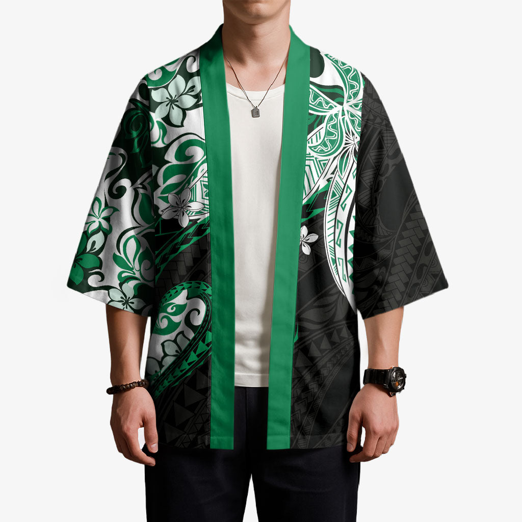 Monstera Plumeria Flowers Green Kimono Polynesian Pattern