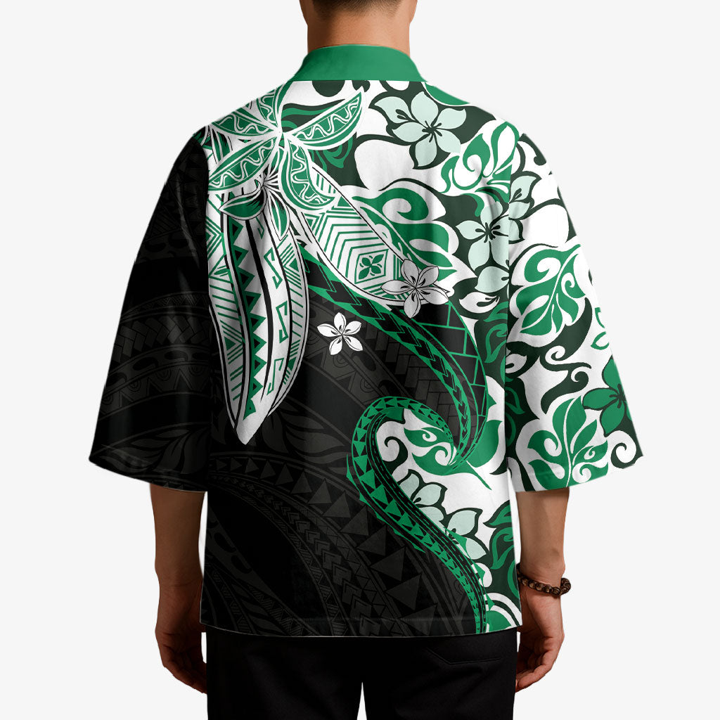 Monstera Plumeria Flowers Green Kimono Polynesian Pattern