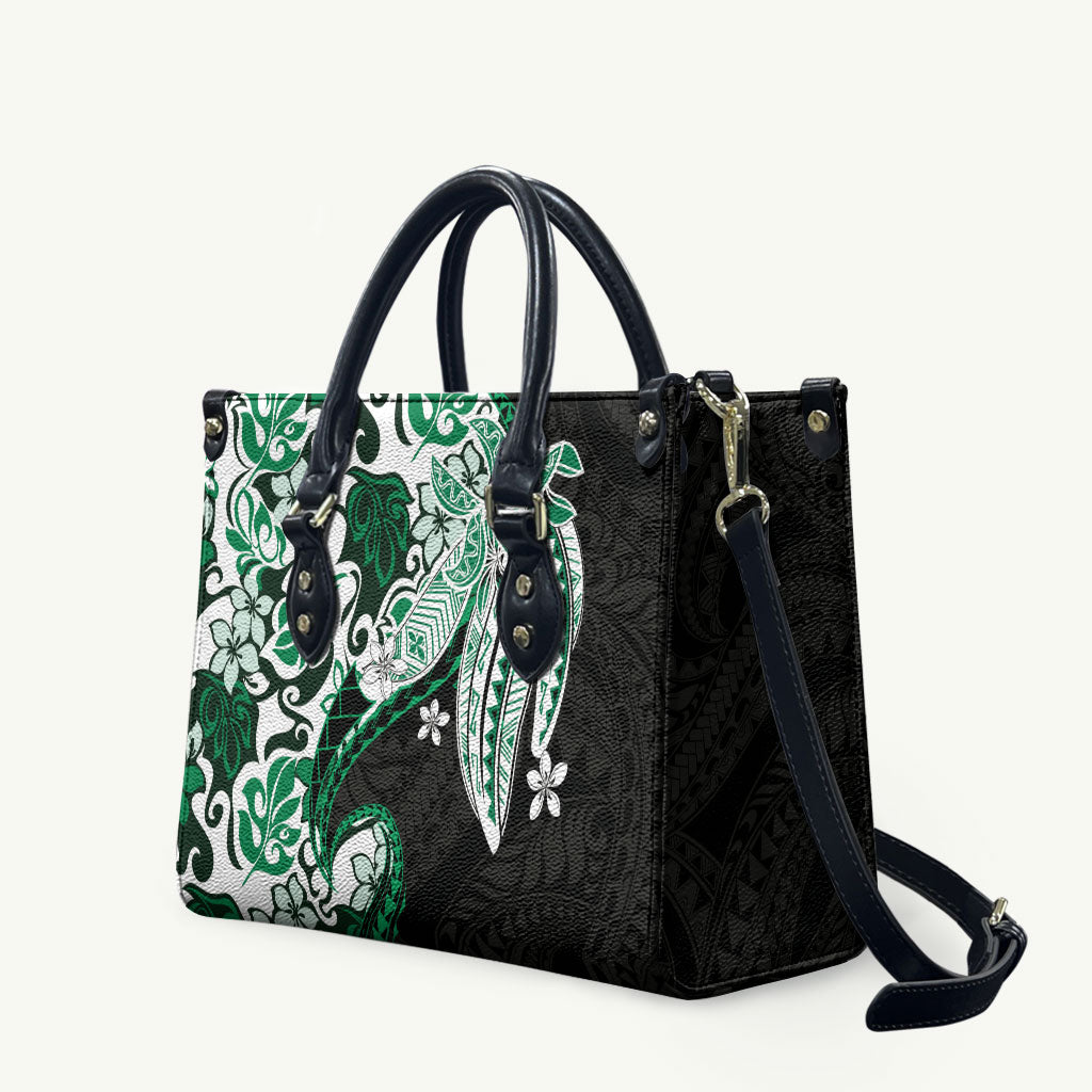 Monstera Plumeria Flowers Green Leather Bag Polynesian Pattern