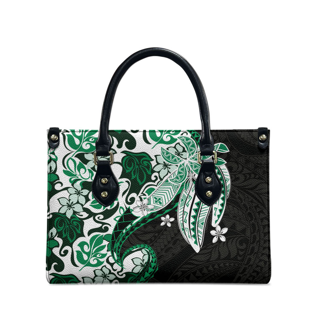Monstera Plumeria Flowers Green Leather Bag Polynesian Pattern