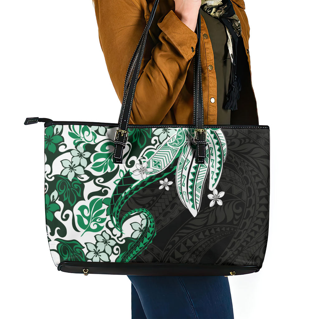 Monstera Plumeria Flowers Green Leather Tote Bag Polynesian Pattern