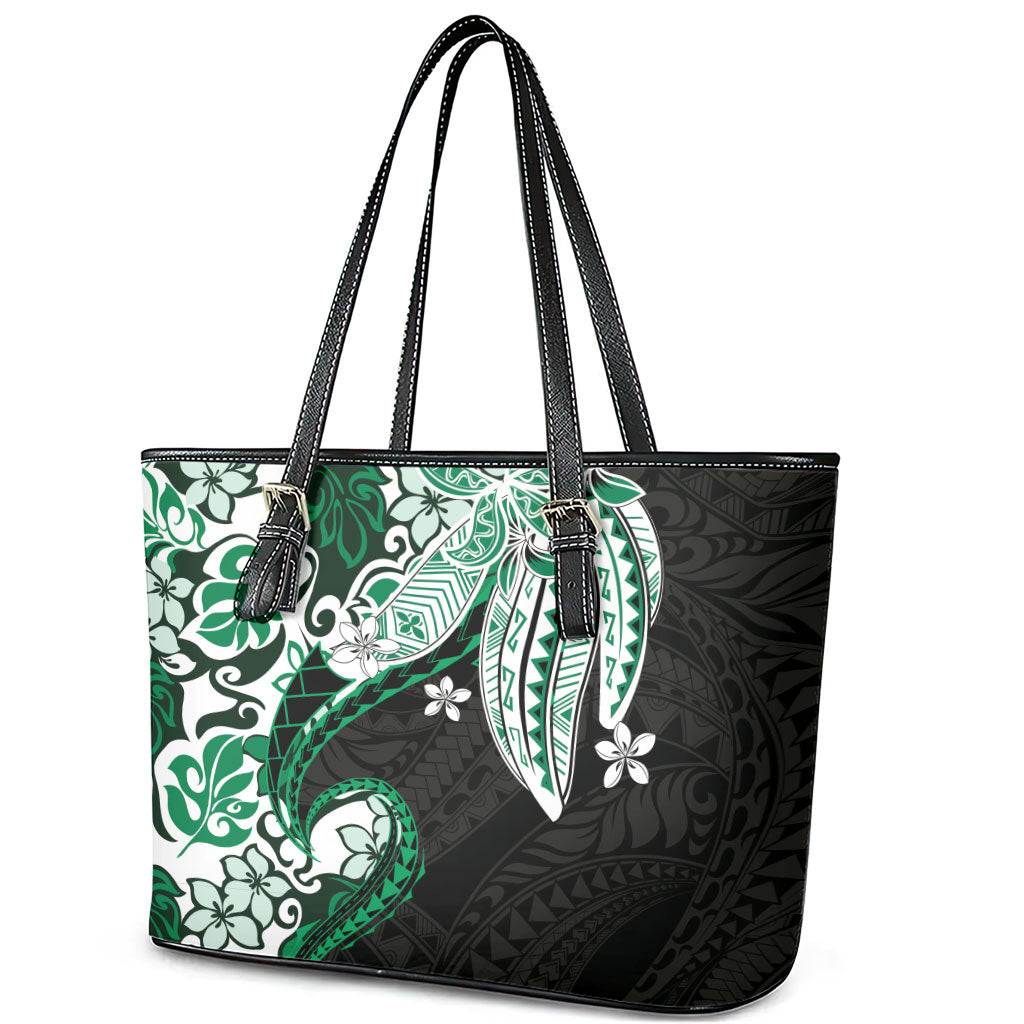 Monstera Plumeria Flowers Green Leather Tote Bag Polynesian Pattern