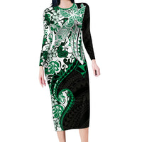 Monstera Plumeria Flowers Green Long Sleeve Bodycon Dress Polynesian Pattern