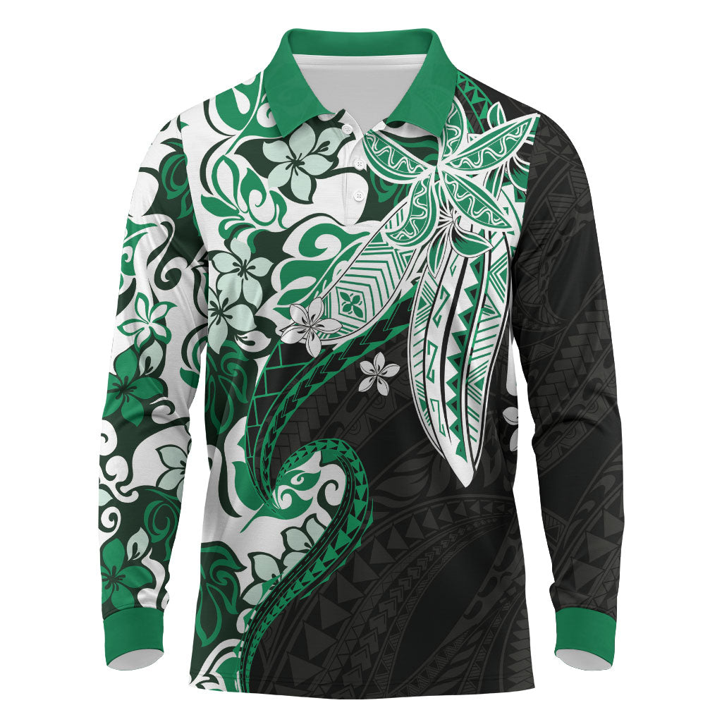 Monstera Plumeria Flowers Green Long Sleeve Polo Shirt Polynesian Pattern