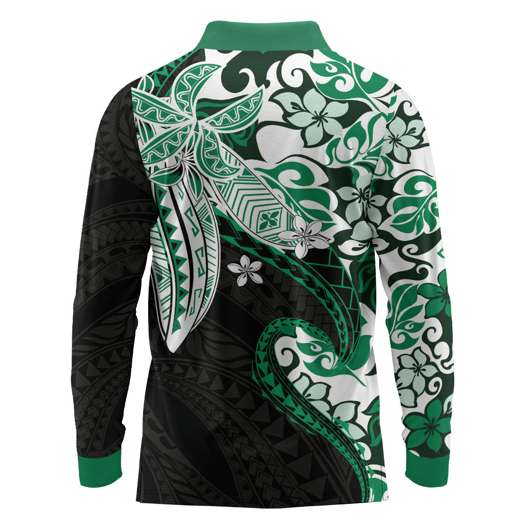 Monstera Plumeria Flowers Green Long Sleeve Polo Shirt Polynesian Pattern