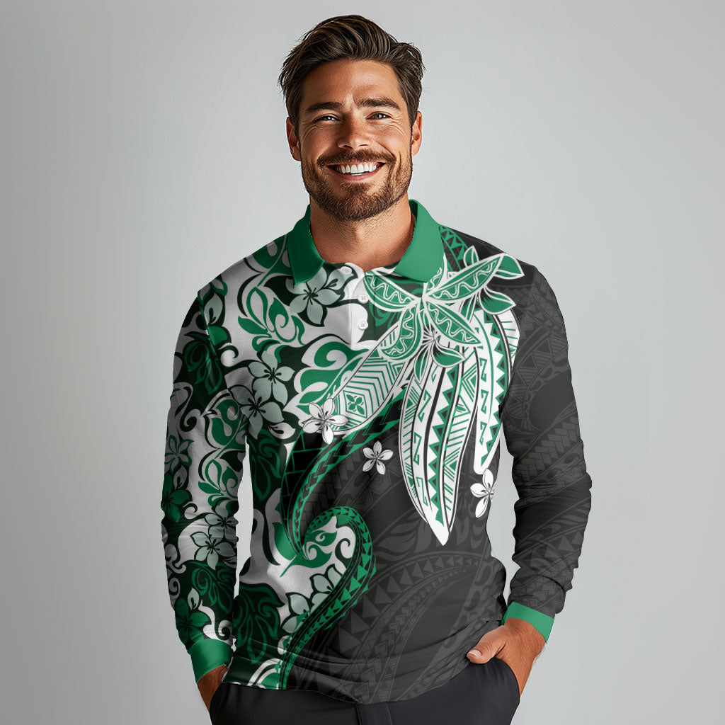 Monstera Plumeria Flowers Green Long Sleeve Polo Shirt Polynesian Pattern